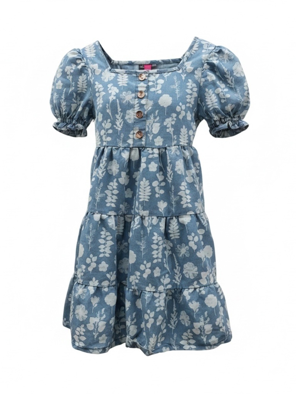 Vince Camuto Light Blue Floral Puff-Sleeve Tiered Dress Cotton Blend